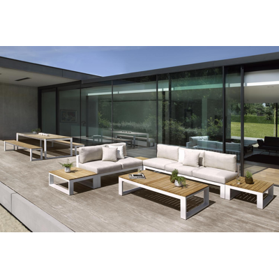 Table basse Verato en aluminium blanc et teck naturel - Lg 163 x larg. 88 x H 41 cm