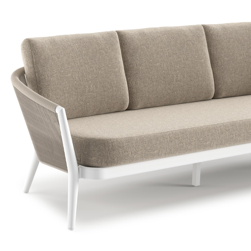 Orso loungeset in wit aluminium en beige verticaal geweven ronde rope met Chartres Pewter all weather sunbrella® luxe kussen