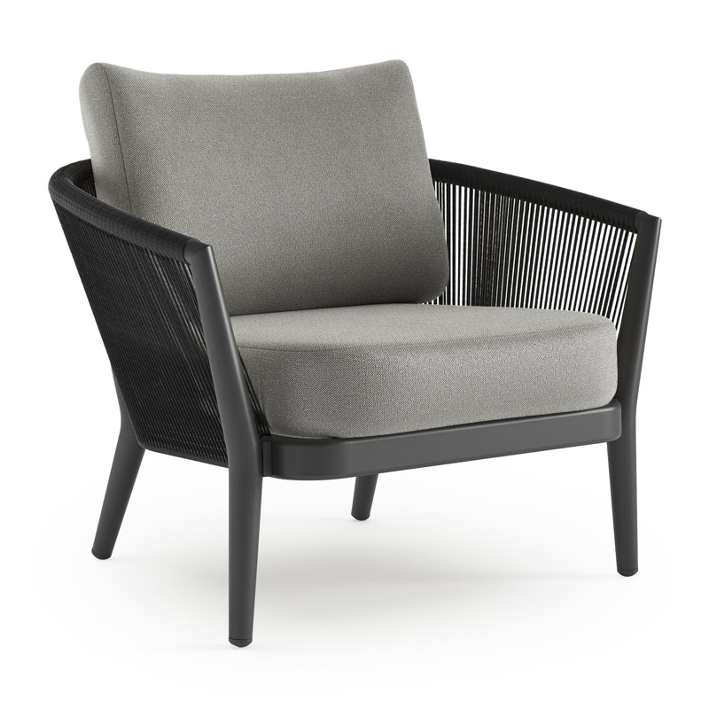 Orso loungestoel in zwart aluminium en zwart verticaal geweven ronde rope met Savane Zinc all weather sunbrella® luxe kussen