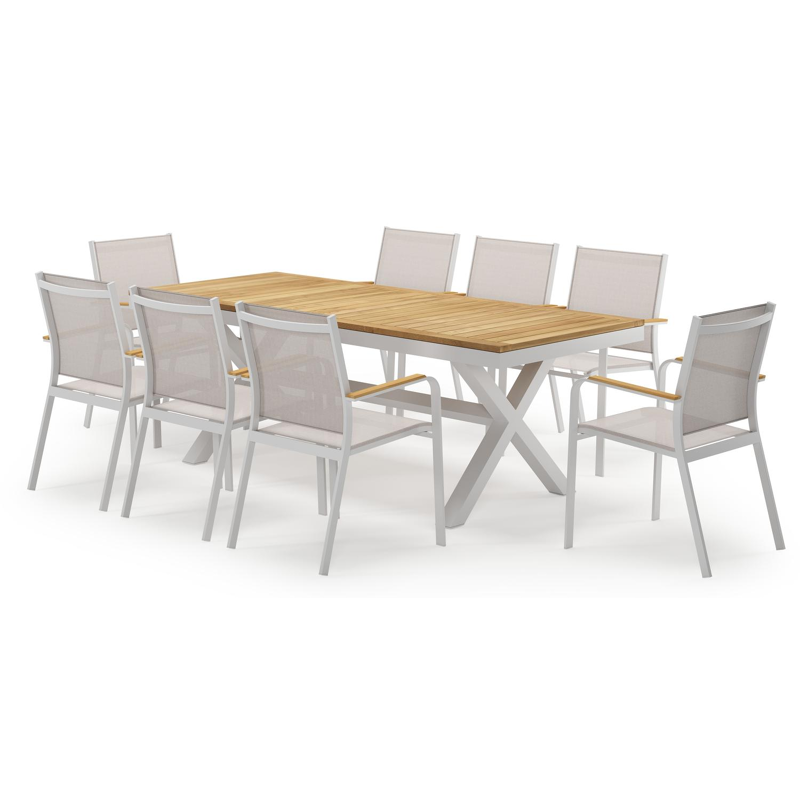 Reza rechthoekige tuinset in wit aluminium en teak natural finish met 8 Amalfi tuinstoelen
