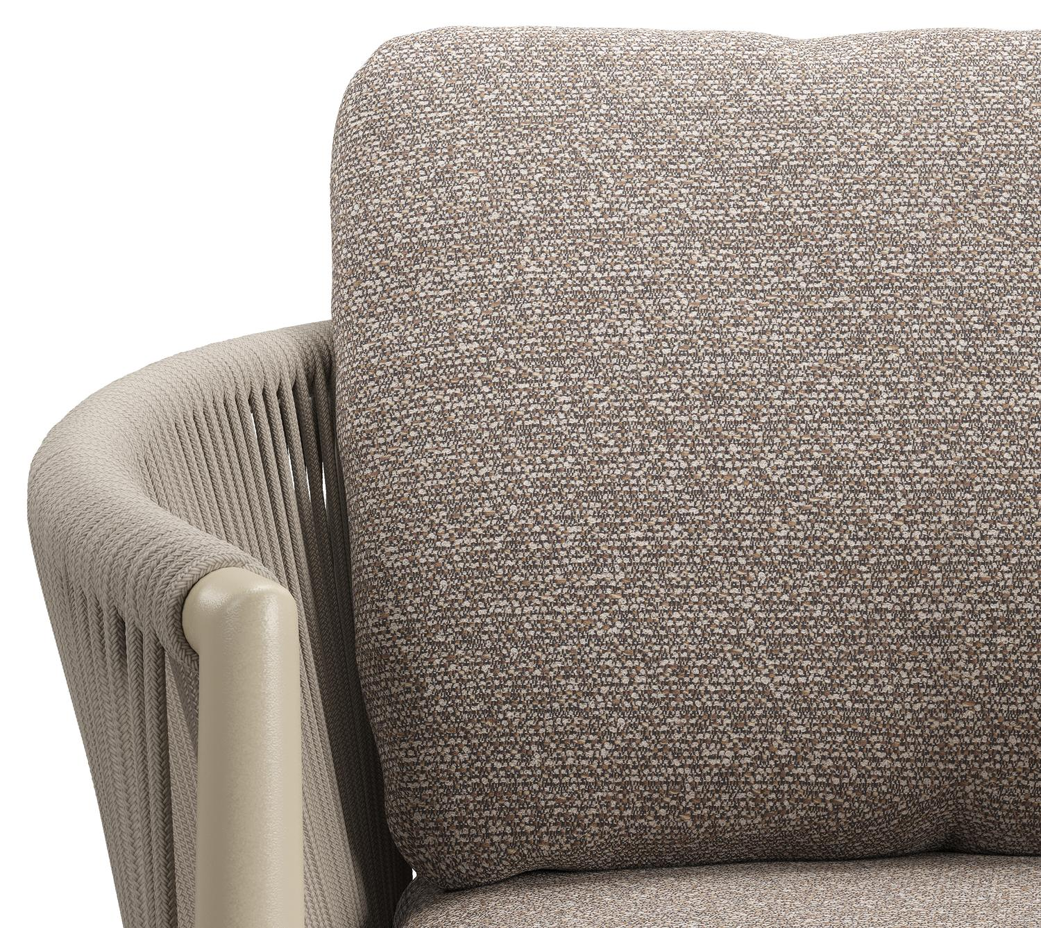 Organo tuinstoel in zwart aluminium en beige verticaal geweven ronde rope met stoelkussen in All Weather Sunbrella® Luxe Wander Manioc