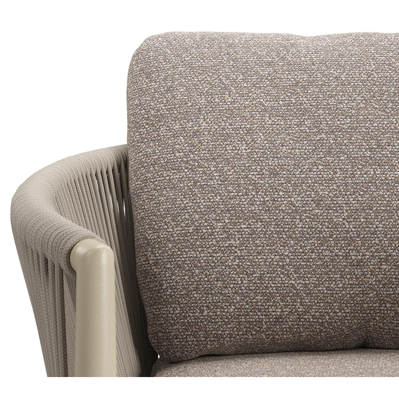 Organo tuinstoel in zwart aluminium en beige verticaal geweven ronde rope met stoelkussen in All Weather Sunbrella® Luxe Wander Manioc