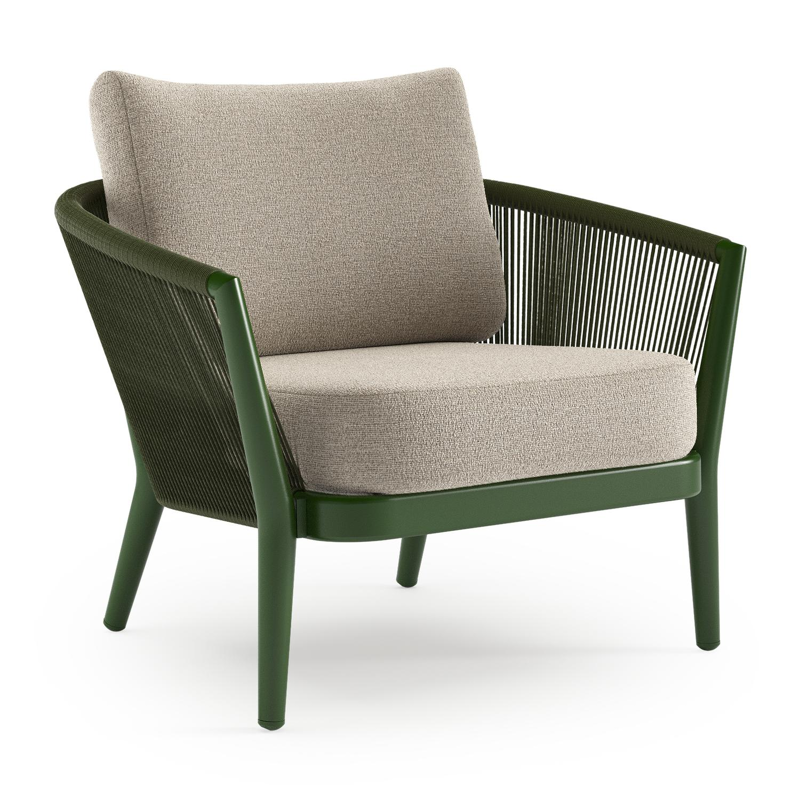 Orso loungestoel in groen aluminium en groen verticaal geweven ronde rope met Catania Sand all weather cosytica kussen