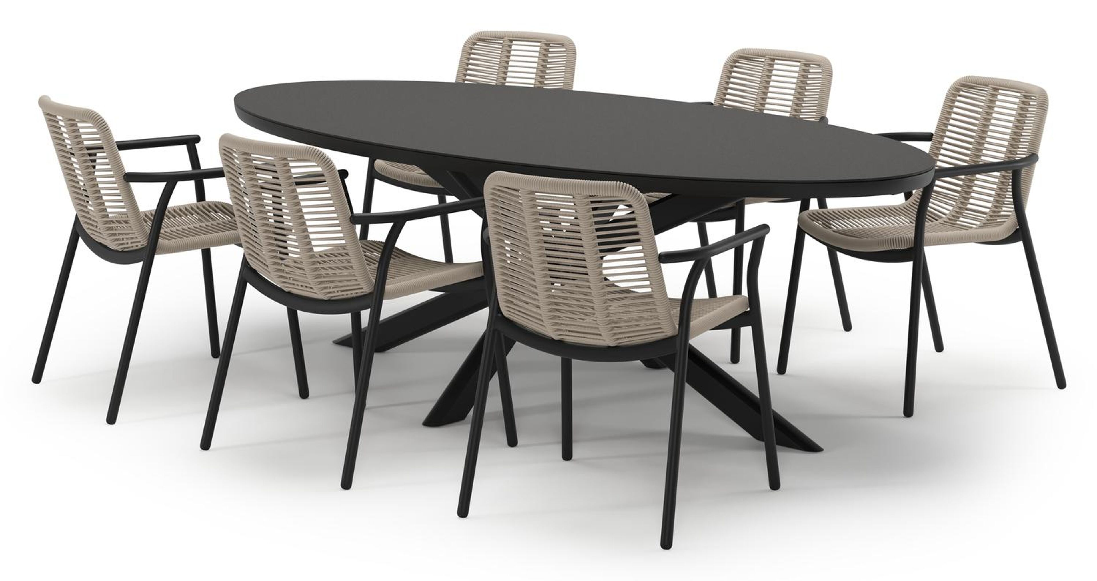 Pamplona tuinset in zwart aluminium en notte minerale sintered stone met 6 stapelbare Berga tuinstoelen
