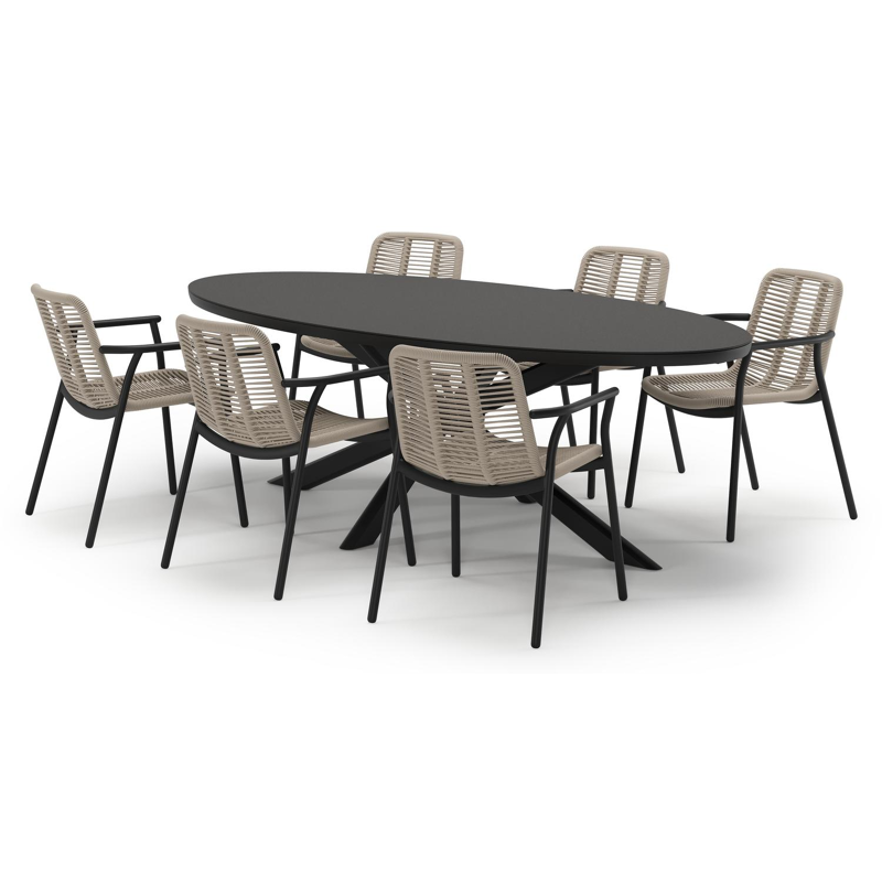 Pamplona tuinset in zwart aluminium en notte minerale sintered stone met 6 stapelbare Berga tuinstoelen
