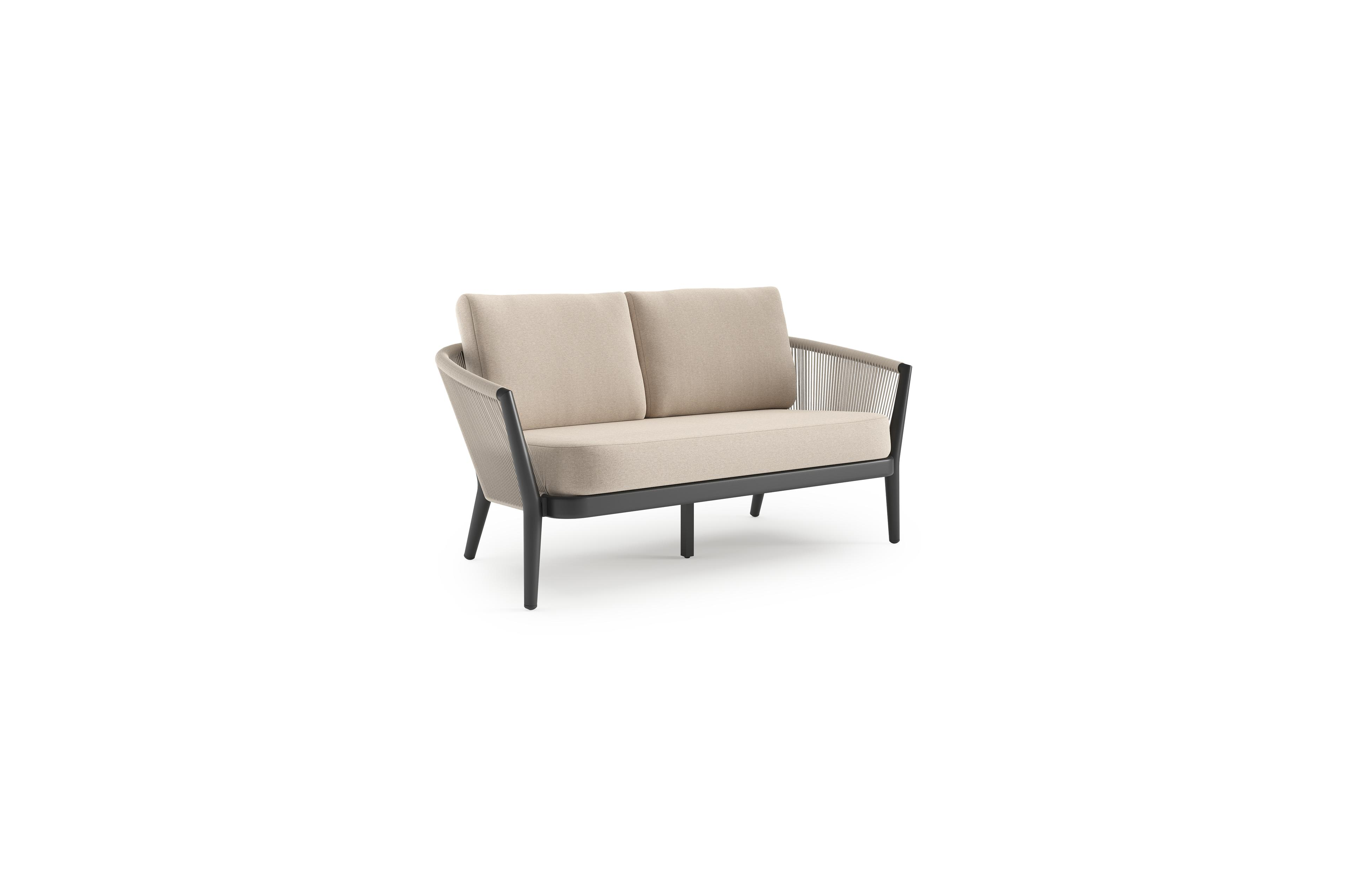 Orso loungebank in zwart aluminium en beige verticaal geweven ronde rope met Heritage Ash all weather sunbrella® luxe kussen