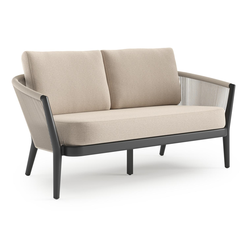 Orso loungebank in zwart aluminium en beige verticaal geweven ronde rope met Heritage Ash all weather sunbrella® luxe kussen