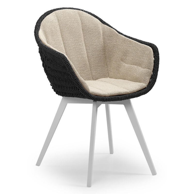 Chaise de jardin Pagino en aluminium blanc et résine tressée ronde noir avec coussin en All Weather Cosytica Marbella Sand