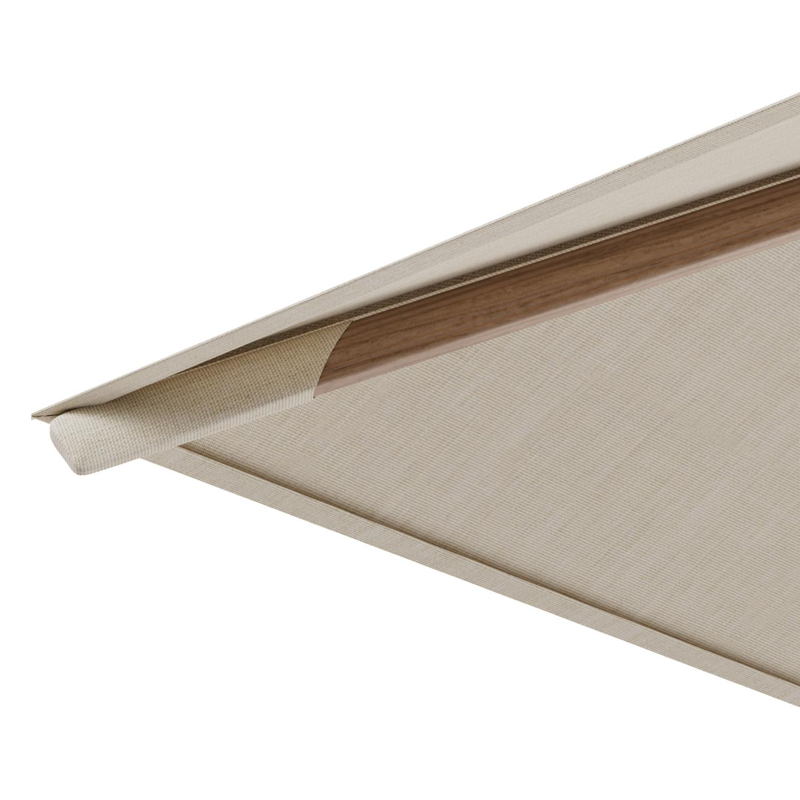 Rufina zweefparasol met tiltfunctie in aluminium houtlook en Sunbrella Premium beige - L1 300 x L2 300 cm met parasolvoet met parasolvoet Lapido 120 kg