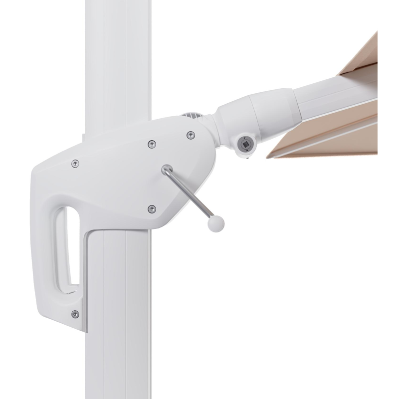 Parasol pendant Minore avec fonction tilt en aluminium blanc et toile de parasol en All Weather Sunbrella® Luxe Natte Linen Chalk  - Lg.1: 350 x Lg.2: 350 cm (sans pied de parasol