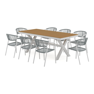 Bahia tuinset in wit aluminium en naturel polywood tafelblad met 8 stapelbare Vigo tuinstoelen