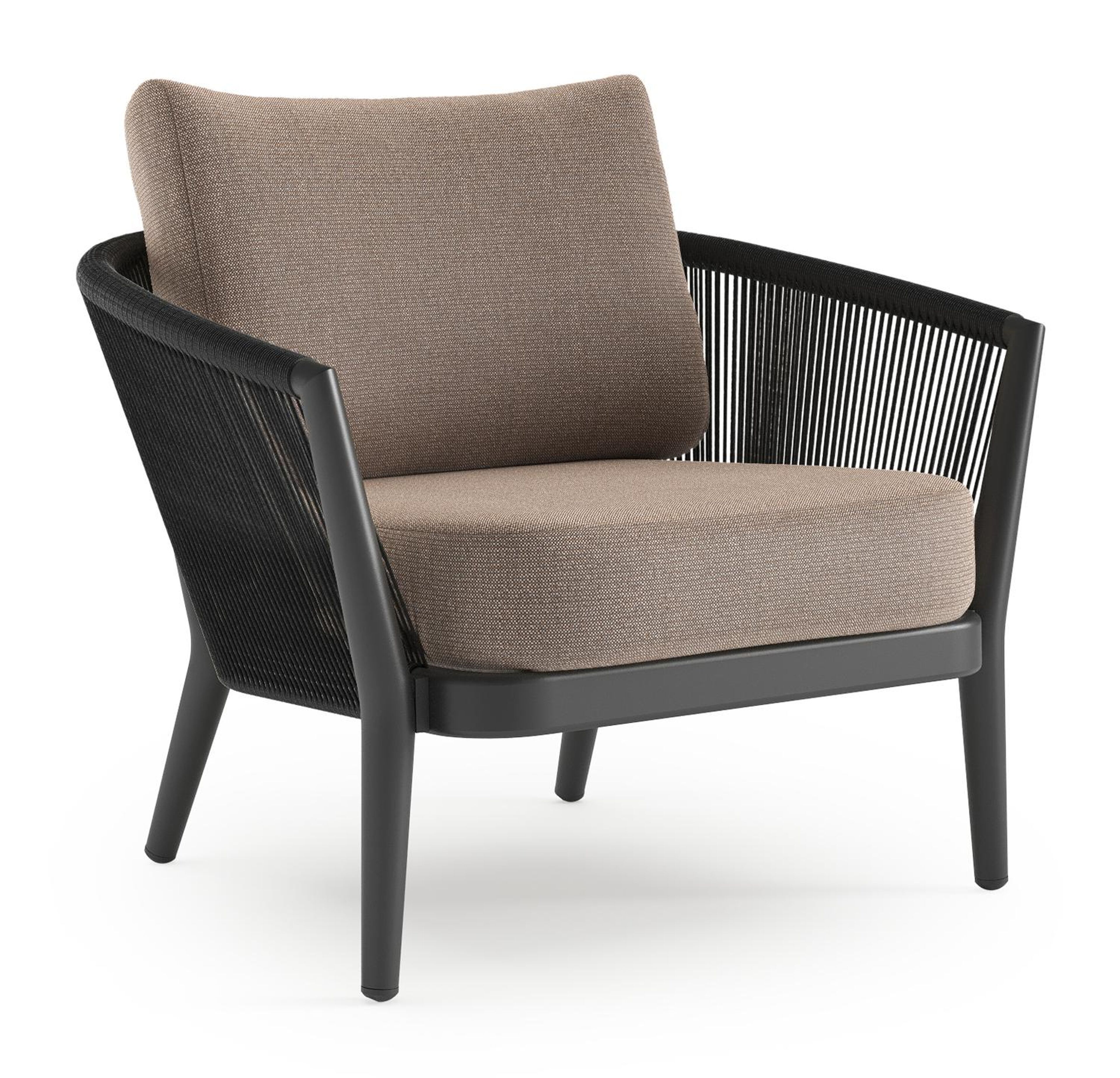 Orso loungestoel in zwart aluminium en zwart verticaal geweven ronde rope met Savane Earth all weather sunbrella® luxe kussen