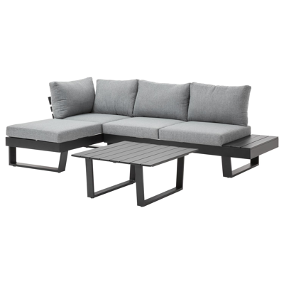 Alora loungehoek in zwart aluminium met grijs polyester kussens en loungetafel