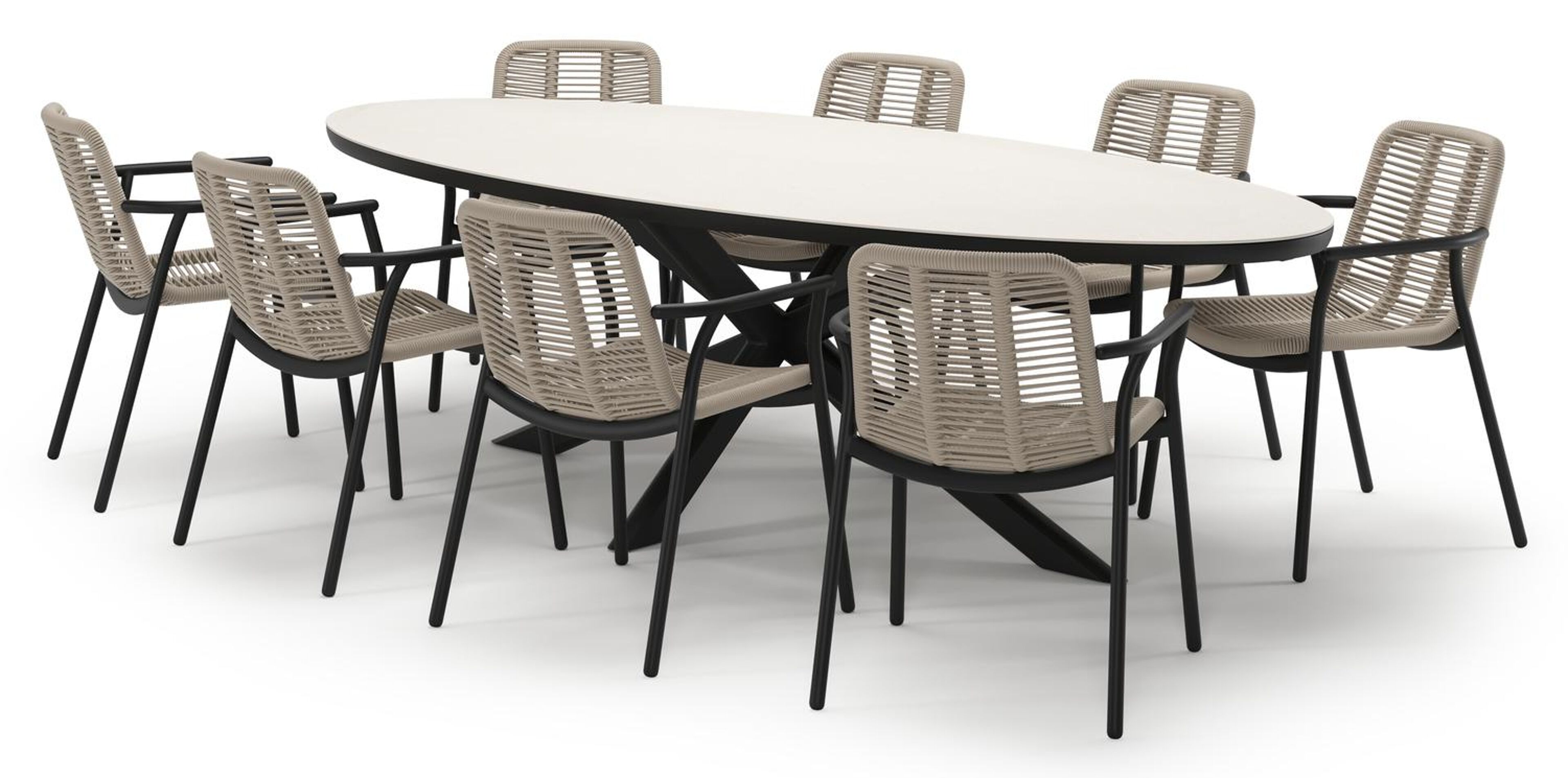 Pamplona tuinset in zwart aluminium en crema minerale sintered stone met 8 stapelbare Berga tuinstoelen