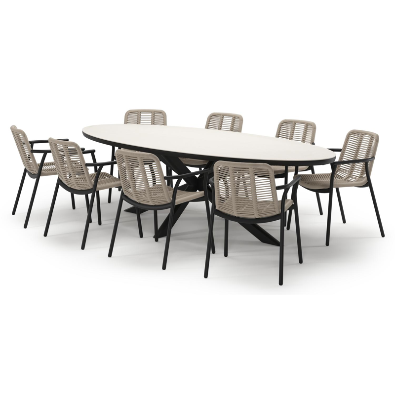 Pamplona tuinset in zwart aluminium en crema minerale sintered stone met 8 stapelbare Berga tuinstoelen