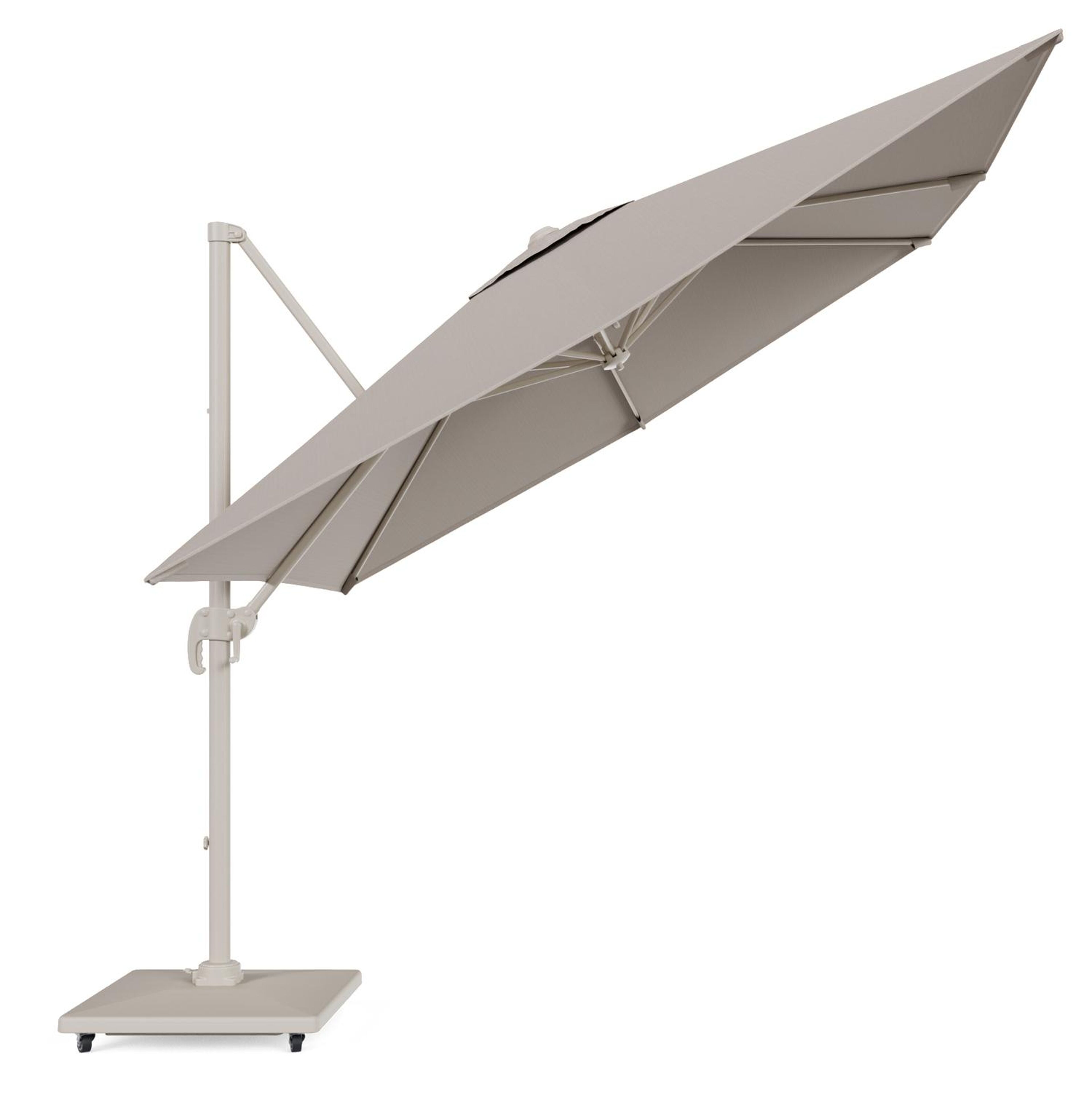 Calpe zweefparasol in beige aluminium en beige Weather+ Softtouch parasoldoek - L1 270 x L2 270 cm met Avola parasolvoet 90 kg met wielen
