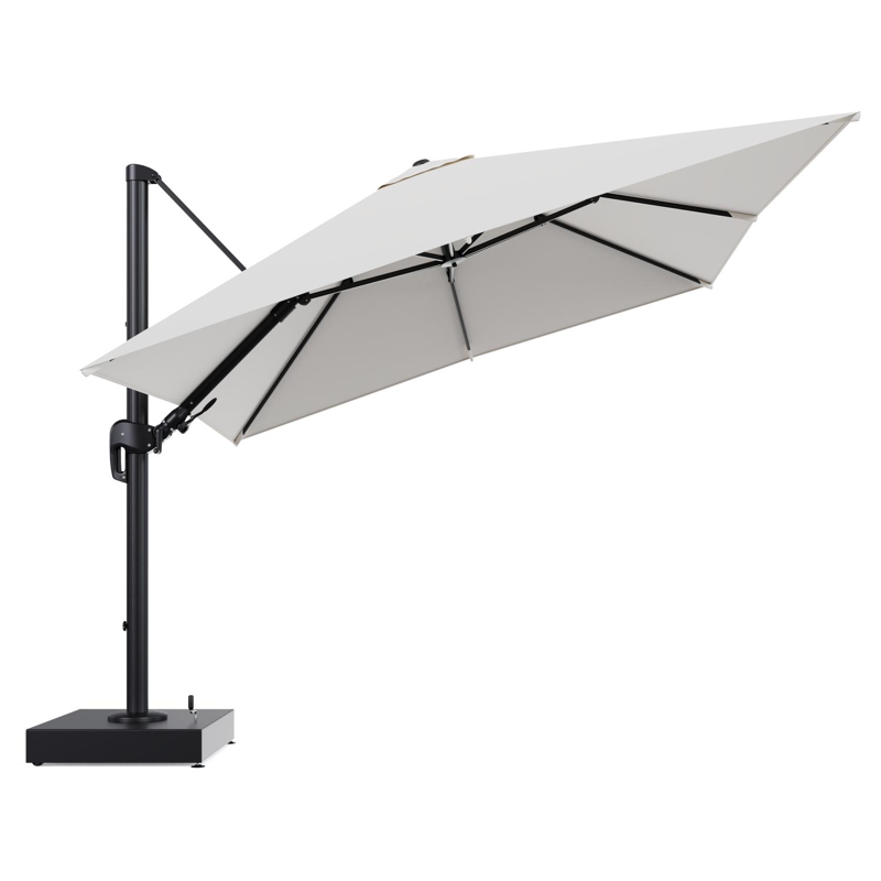 Rufina zweefparasol met tiltfunctie in zwart aluminium en Savane White All Weather Sunbrella® Luxe parasoldoek - L1 300 x L2 300 cm met parasolvoet Minore 150 kg met wielen