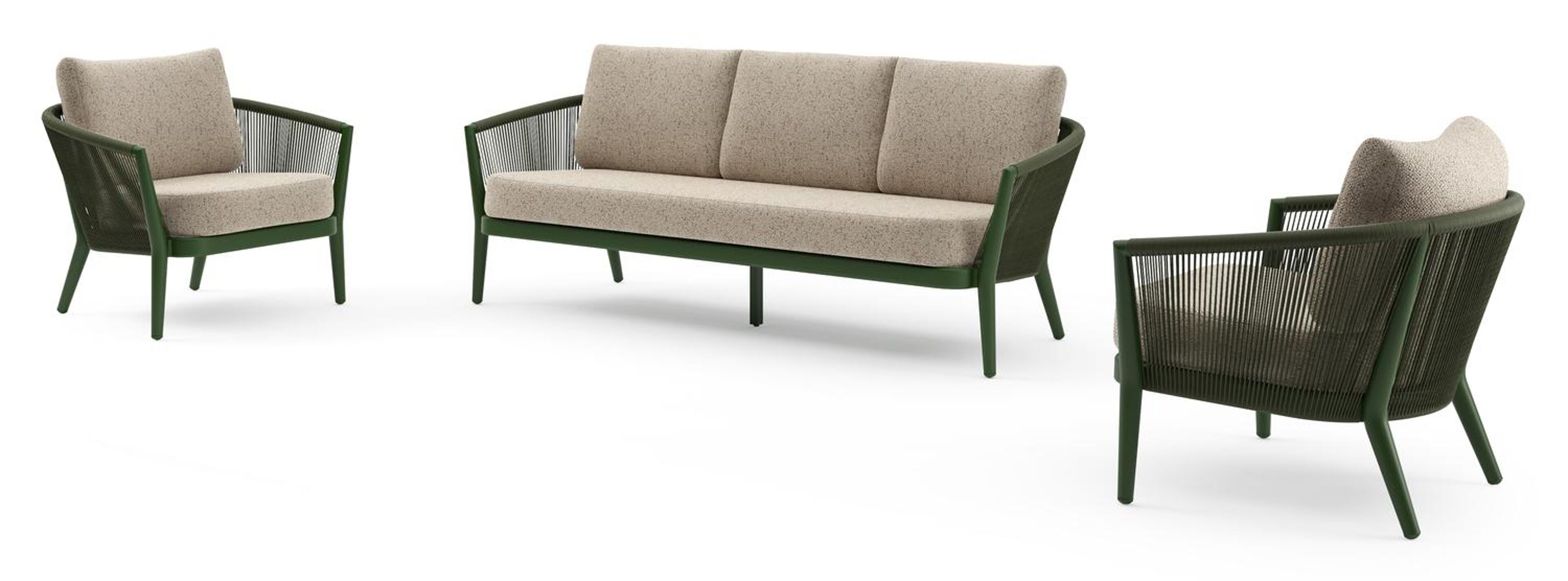 Orso loungeset in groen aluminium en groen verticaal geweven ronde rope met Bora Jungle all weather cosytica kussen