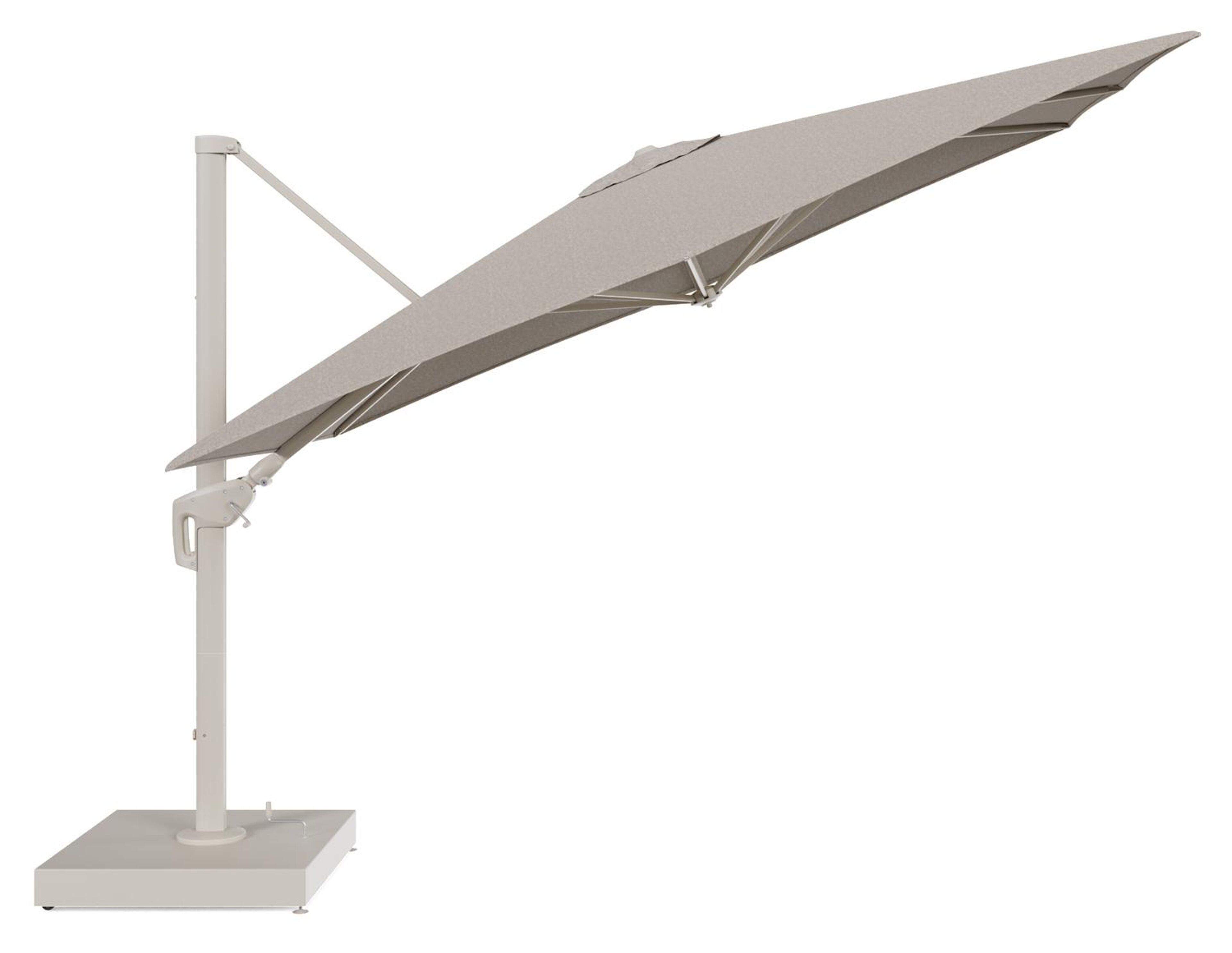 Parasol pendant Minore tilt en aluminium beige et toile All Weather Sunbrella® Luxe Chartres Pewter - Lg.1: 280 x Lg.2: 370 cm avec pied de parasol Minore 260 kg avec roulettes