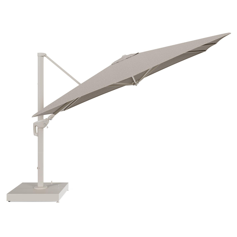 Parasol pendant Minore tilt en aluminium beige et toile All Weather Sunbrella® Luxe Chartres Pewter - Lg.1: 280 x Lg.2: 370 cm avec pied de parasol Minore 260 kg avec roulettes