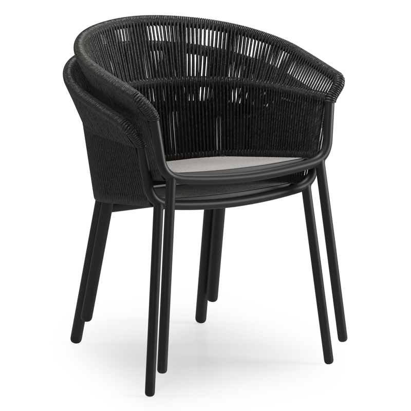 Matera stapelbare tuinstoel in zwart aluminium en zwart gedraaide ronde wicker met kussen in sky black weather+ softtouch