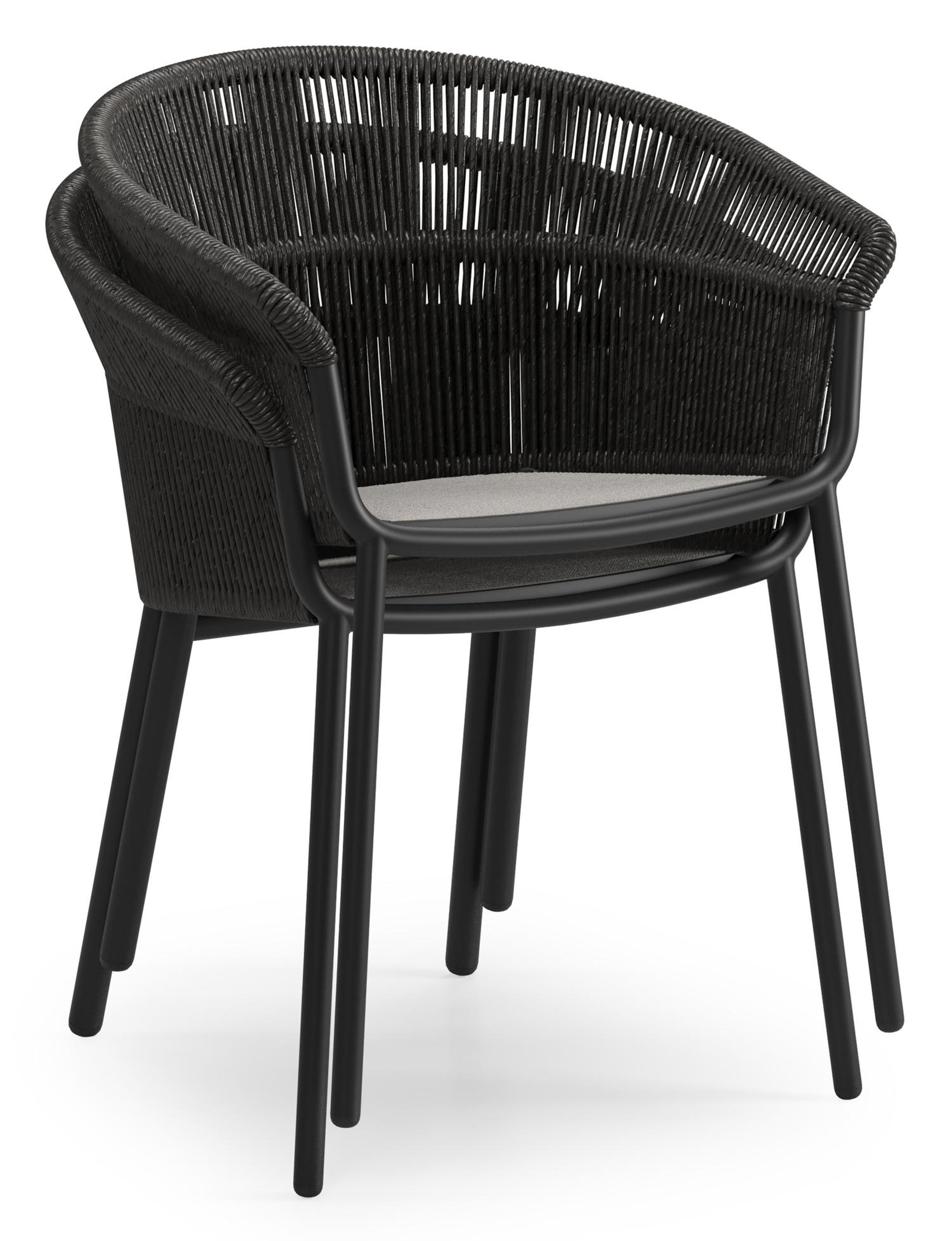 Matera stapelbare tuinstoel in zwart aluminium en zwart gedraaide ronde wicker met kussen in sky black weather+ softtouch