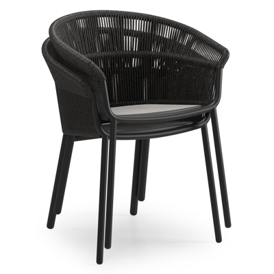 Matera stapelbare tuinstoel in zwart aluminium en zwart gedraaide ronde wicker met kussen in sky black weather+ softtouch