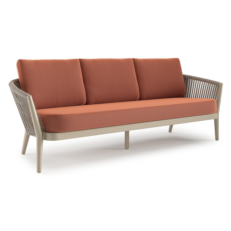 Orso loungebank in beige aluminium en beige verticaal geweven ronde rope met Heritage Rust all weather sunbrella® luxe kussen