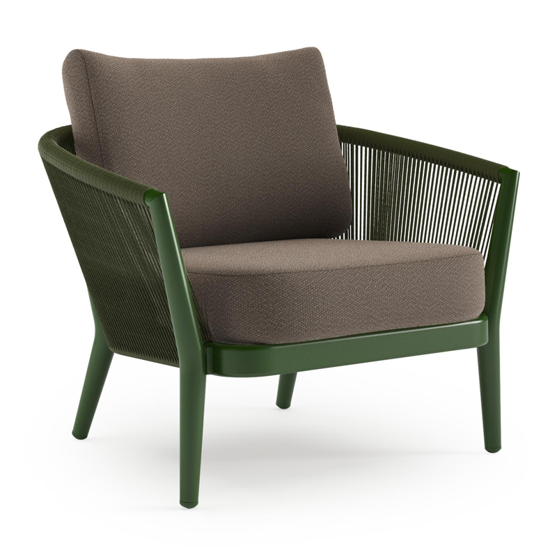 Orso loungestoel in groen aluminium en groen verticaal geweven ronde rope met Lopi Coconut all weather sunbrella® luxe kussen