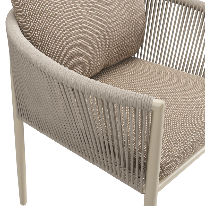 Organo tuinstoel in zwart aluminium en beige verticaal geweven ronde rope met stoelkussen in All Weather Solica Firenze Earth