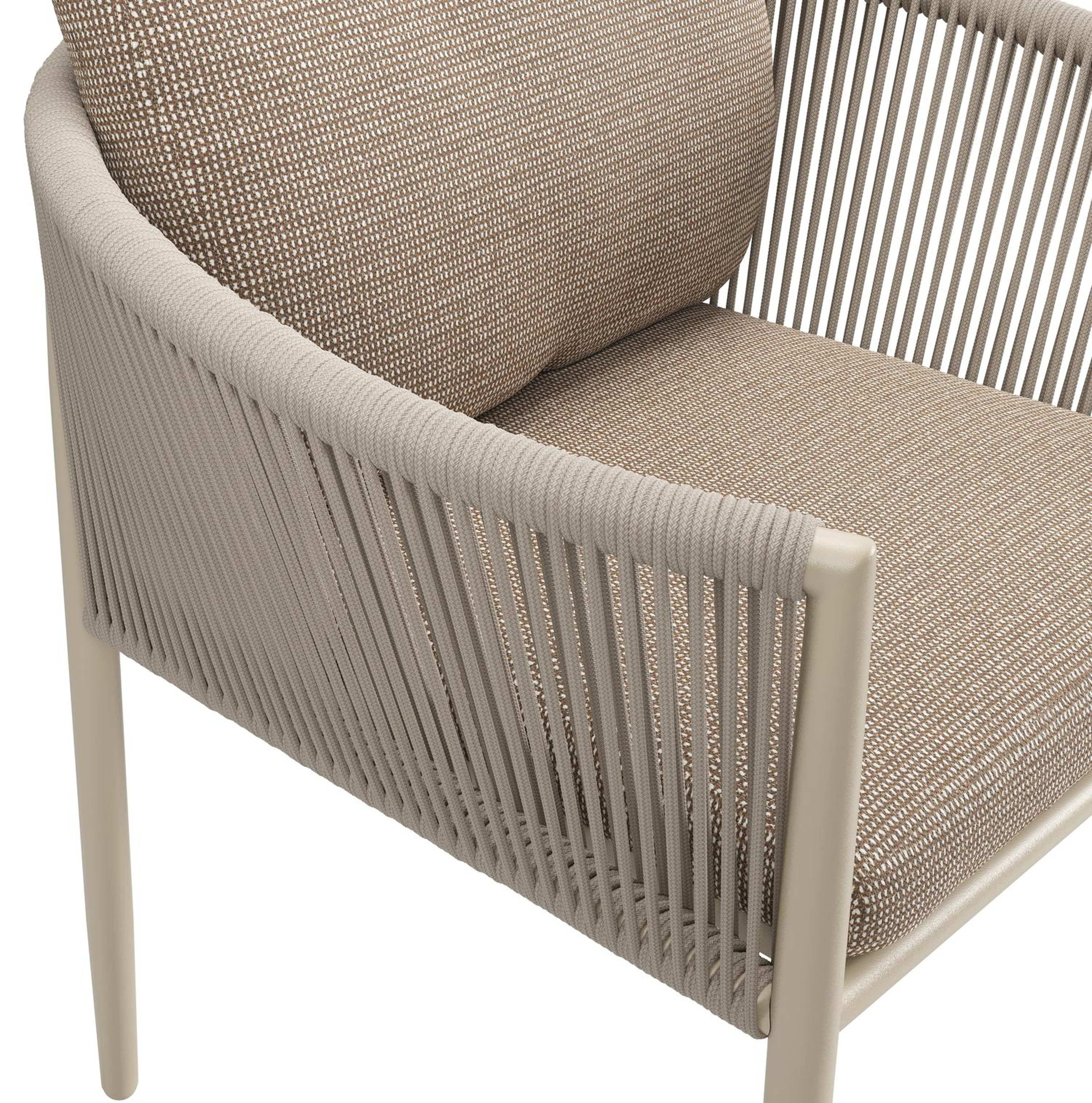 Organo tuinstoel in zwart aluminium en beige verticaal geweven ronde rope met stoelkussen in All Weather Solica Firenze Earth