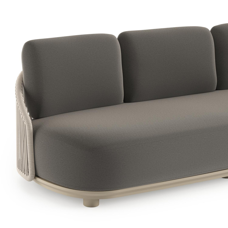 Vadelo loungebank in beige aluminium en beige verticaal geweven ronde rope met natte dark taupe all weather sunbrella® luxe kussen