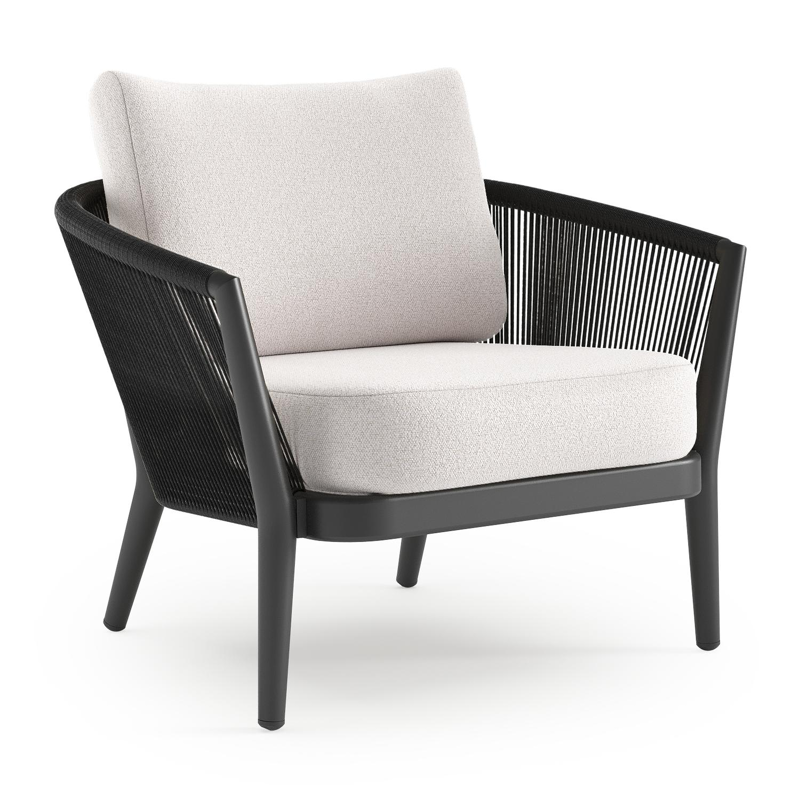 Orso loungestoel in zwart aluminium en zwart verticaal geweven ronde rope met Ego Eggshell all weather solica kussen