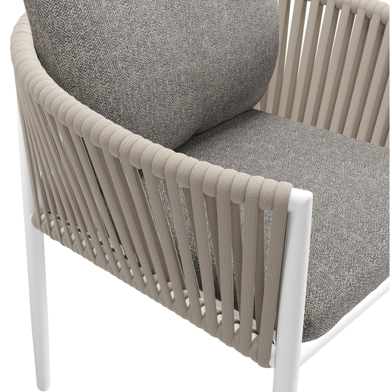 Chaise de jardin Organo en aluminium blanc et corde luxe plate tissée verticalement beige avec coussin en All Weather Sunbrella® Luxe Chartres Drizzle