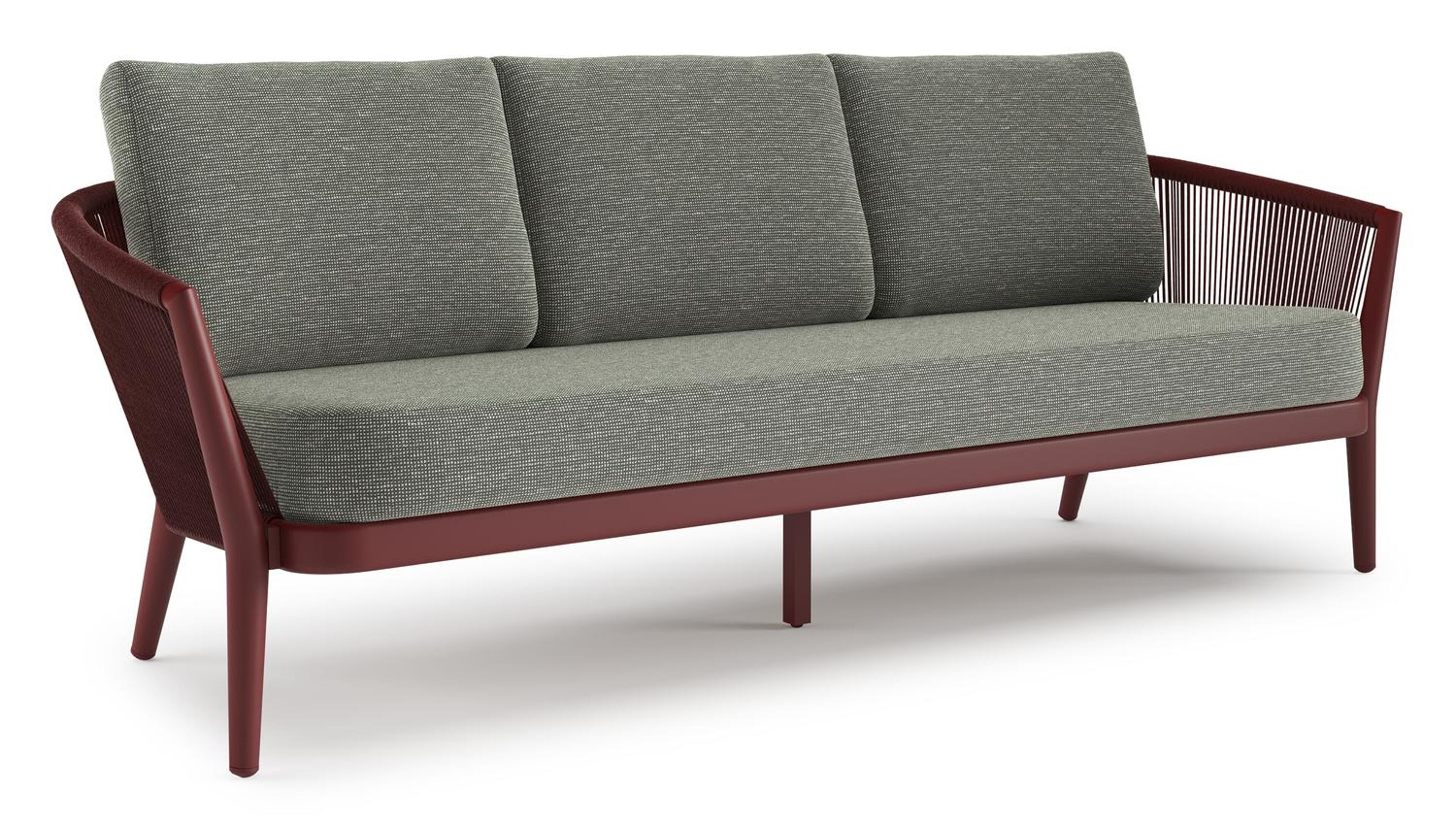 Orso loungebank in ruby aluminium en ruby verticaal geweven ronde rope met Slow Fern all weather sunbrella® luxe kussen