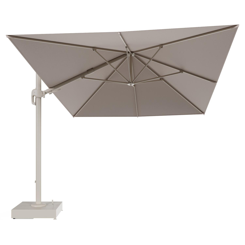 Rufina zweefparasol met tiltfunctie in beige aluminium en Wander Pilat All Weather Sunbrella® Luxe parasoldoek - L1 400 x L2 300 cm met parasolvoet Minore 150 kg met wielen