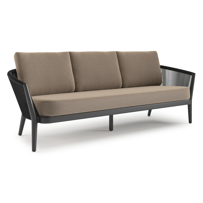 Orso loungebank in zwart aluminium en zwart verticaal geweven ronde rope met Firenze Earth all weather solica kussen