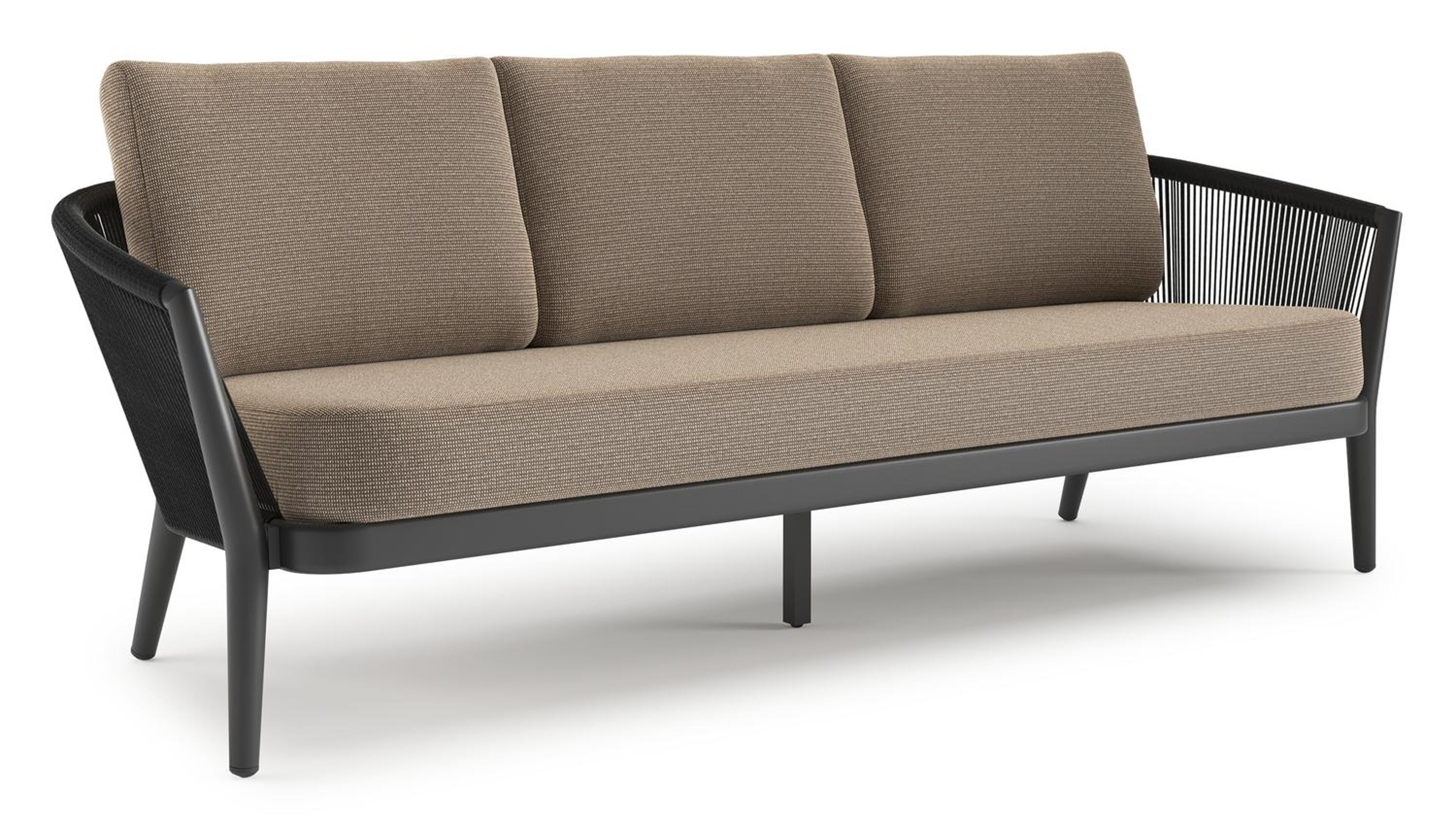 Orso loungebank in zwart aluminium en zwart verticaal geweven ronde rope met Firenze Earth all weather solica kussen