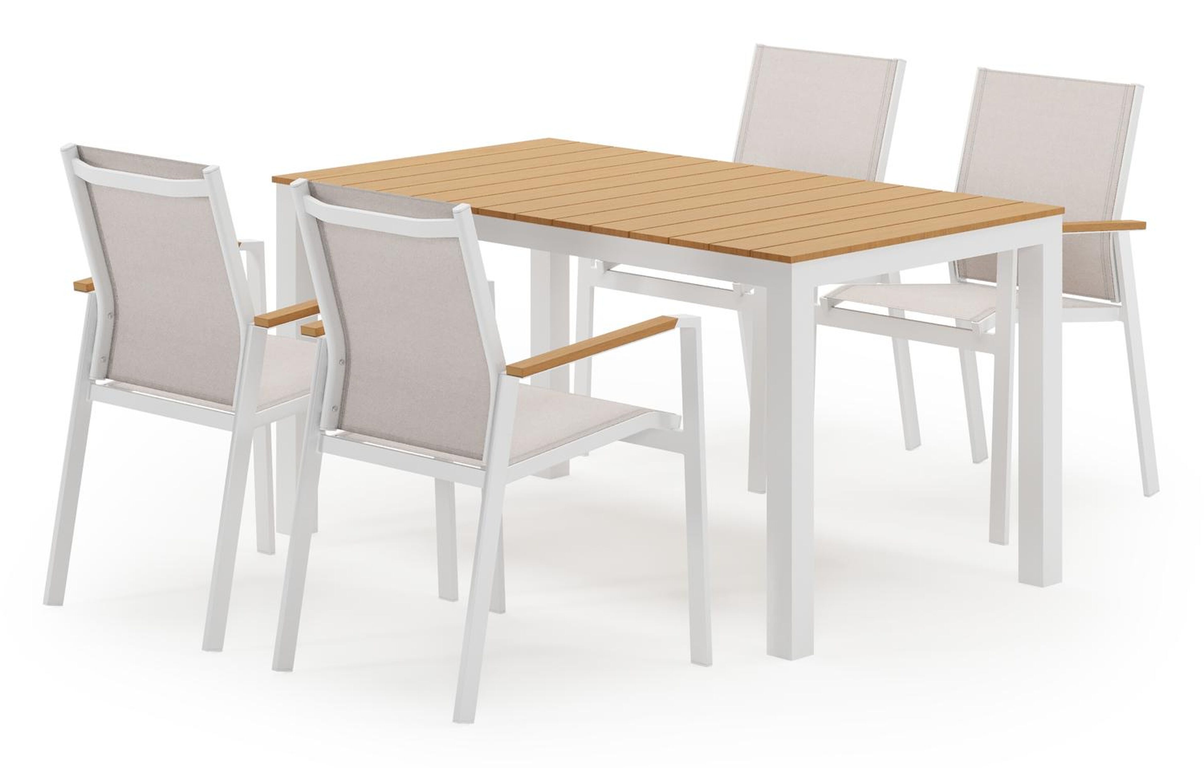 Toma tuinset in wit aluminium en polywood met 4 stapelbare Bahia tuinstoelen