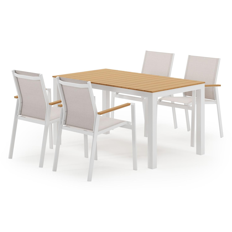 Toma tuinset in wit aluminium en polywood met 4 stapelbare Bahia tuinstoelen