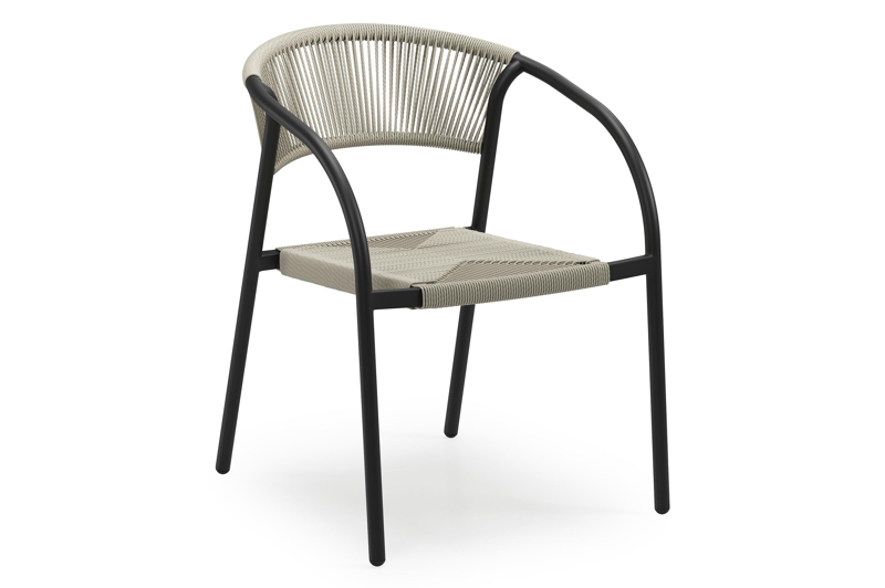 Melo stapelbare tuinstoel in zwart aluminium en beige gedraaide ronde wicker