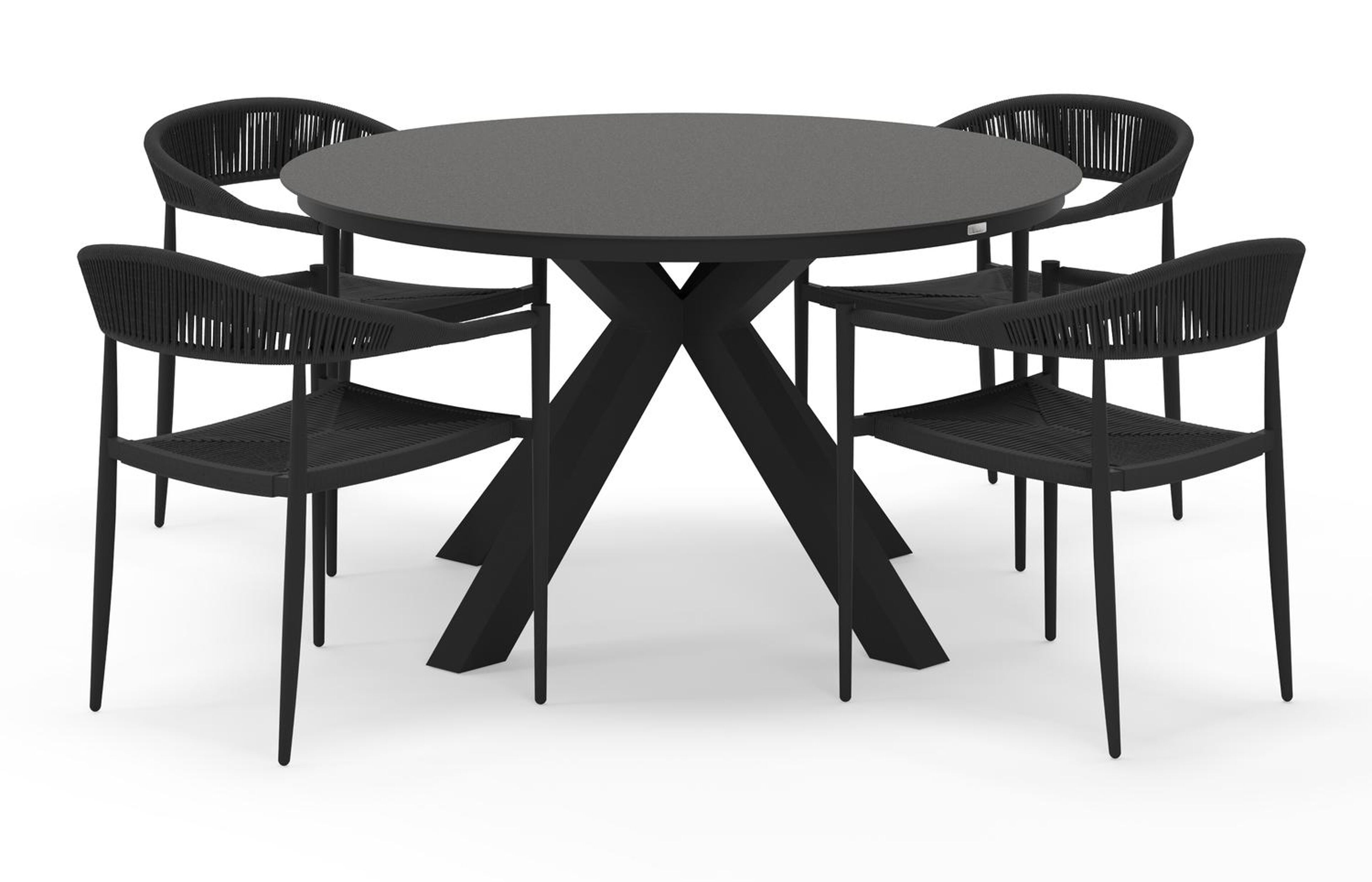 Tora tuinset rond in zwart aluminium en sintered stone zwart met 4 Guarda tuinstoelen