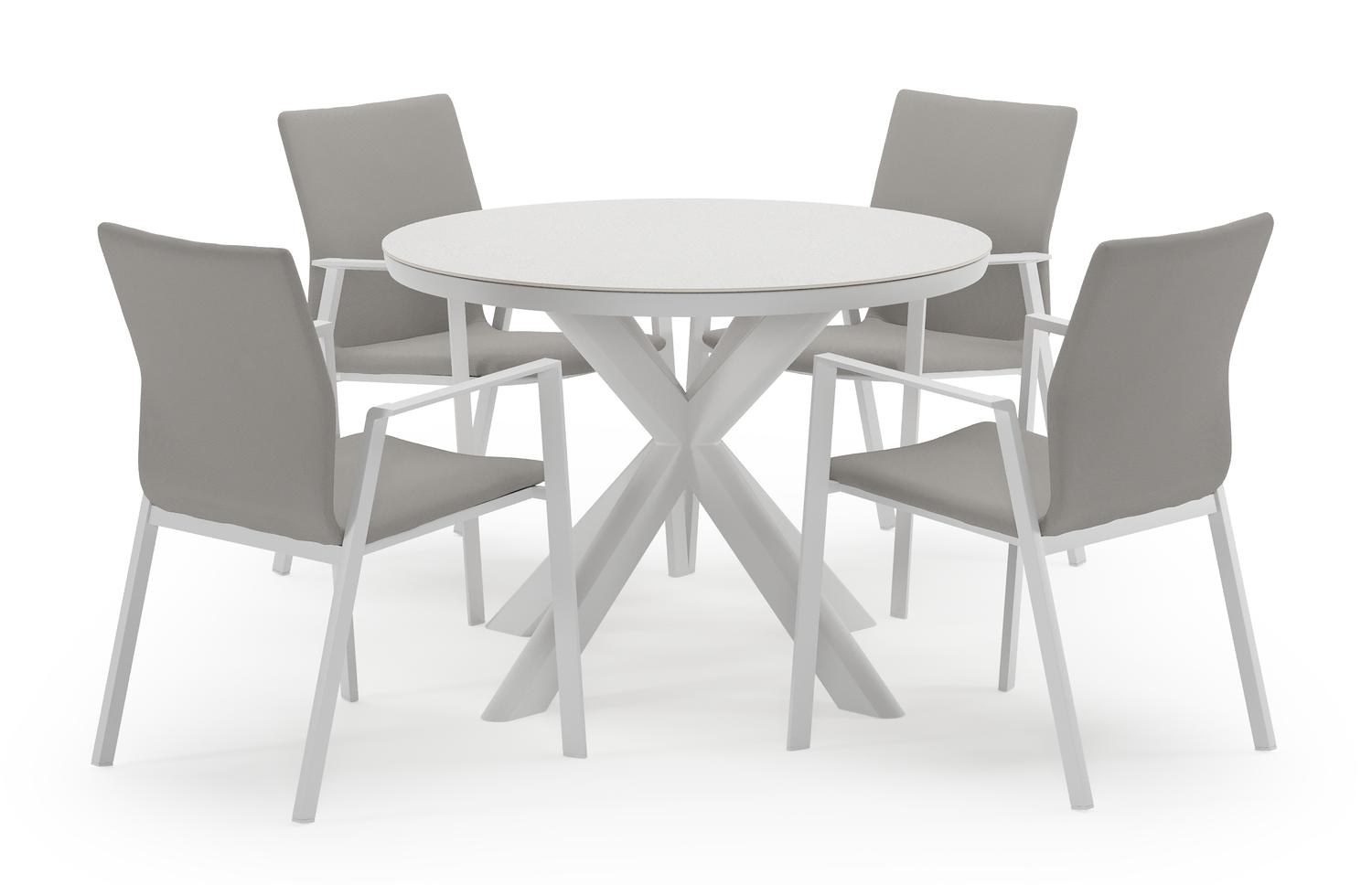 Pamplona ensemble de jardin ronde en aluminium blanc en sintered stone topo minerale avec 4 chaises de jardin Madura