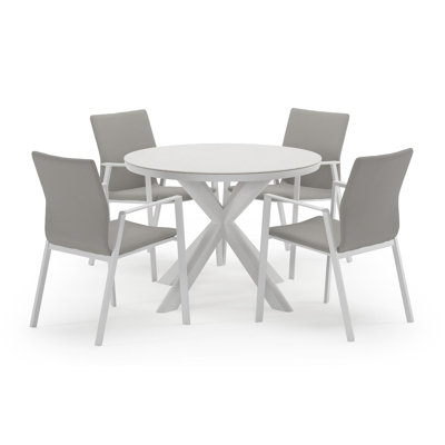 Pamplona ronde tuinset in wit aluminium en sintered stone topo minerale met 4 Madura tuinstoelen