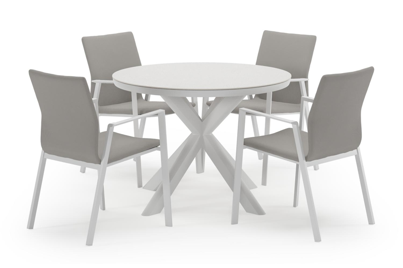 Pamplona ronde tuinset in wit aluminium en sintered stone topo minerale met 4 Madura tuinstoelen