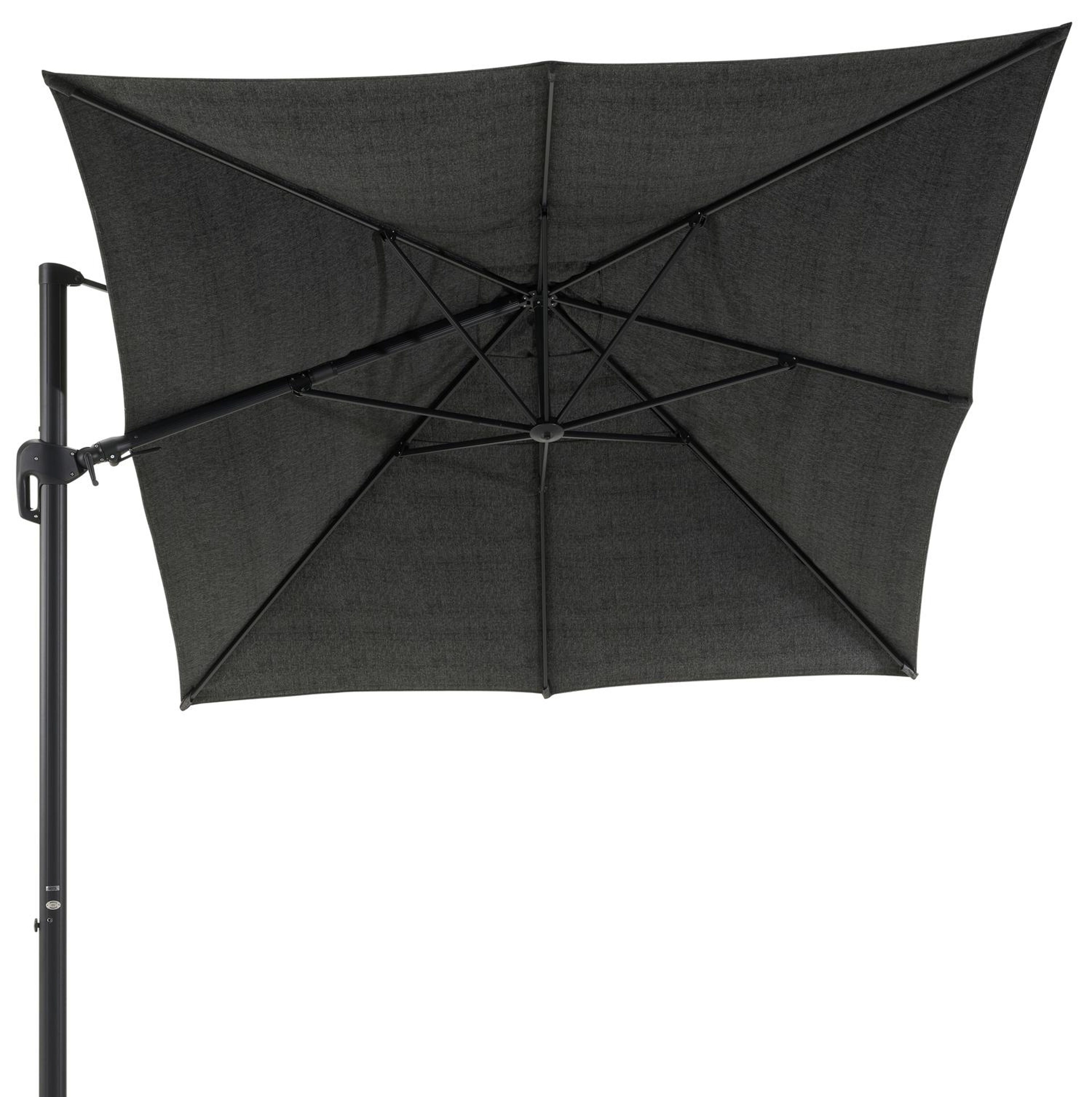 Rufina zweefparasol met tiltfunctie in zwart aluminium en Chartres Sooty Sunbrella Luxe parasoldoek - L1 400 x L2 300 cm (zonder voet)