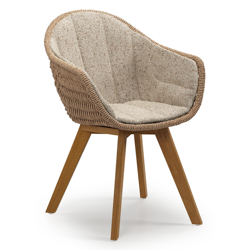 Pagino tuinstoel in teak en naturel ronde wicker met zitkussen in All Weather Cosytica Bora Jungle