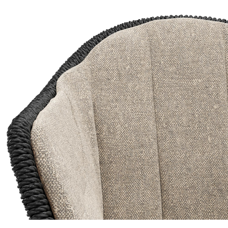 Pagino tuinstoel in zwart aluminium en zwart ronde wicker met zitkussen in All Weather Sunbrella® Luxe Chartres Pewter