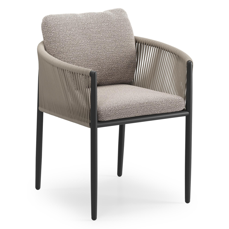 Organo tuinstoel in zwart aluminium en zwart verticaal geweven ronde rope met stoelkussen in All Weather Sunbrella® Luxe Wander Granite