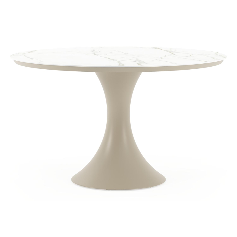 Table de jardin Fano ronde en aluminium beige et céramique pleine Calacatta - Diam. 130 x Haut. 75 cm